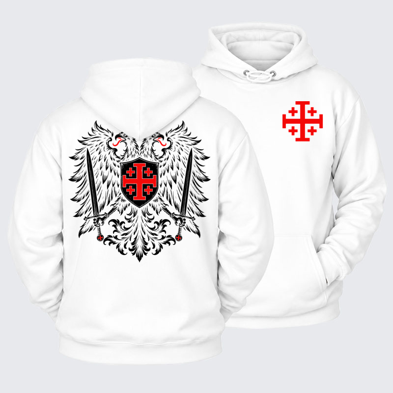 Plush Fleece-Lined Hoodie - Jerusalem Cross – Christian Double-Headed Eagle Warrior - White (front and back)
