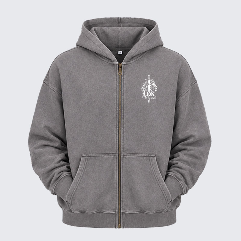 Washed Zip-Up Hoodie - Lion of Judah - Grey (front)