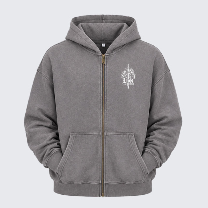 Washed Zip-Up Hoodie - Lion of Judah - Grey (front)