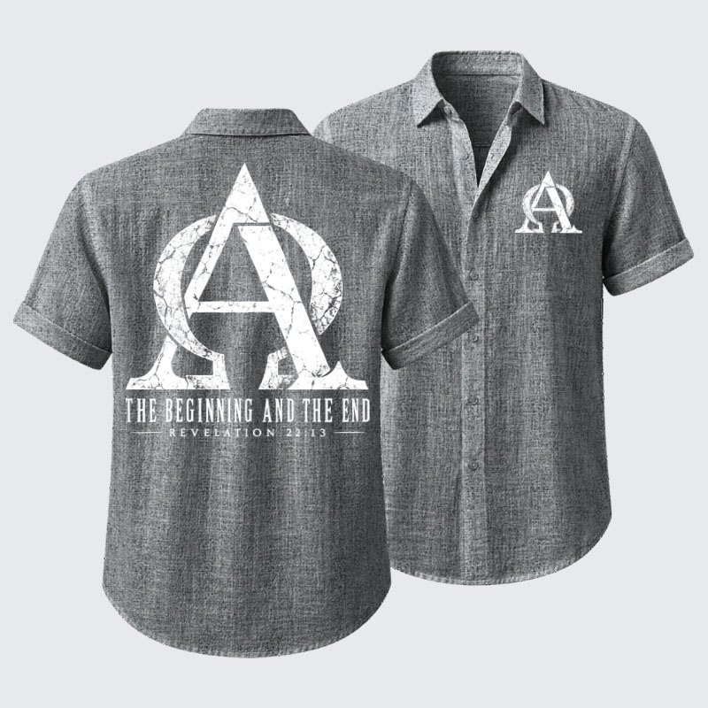Short Sleeve Casual Shirt - Alpha & Omega – The Beginning and the End - Grey (front and back)