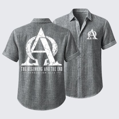 Short Sleeve Casual Shirt - Alpha & Omega – The Beginning and the End - Grey (front and back)