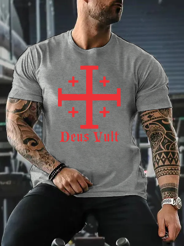 Jerusalem Cross Deus Vult Jesus God Christian Cotton T-Shirt