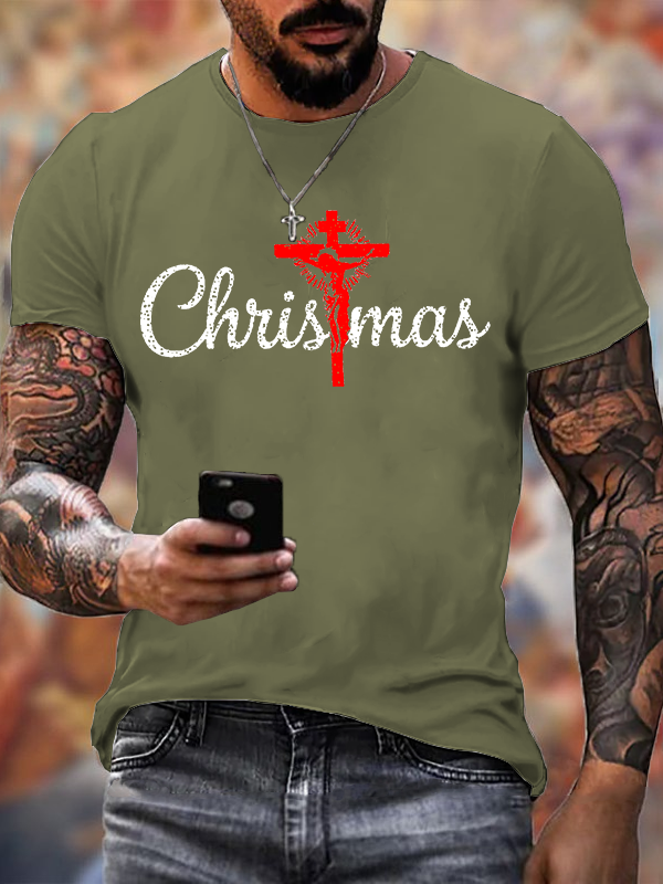 Retro Christmas Cross Jesus God Christian Cotton T-Shirt