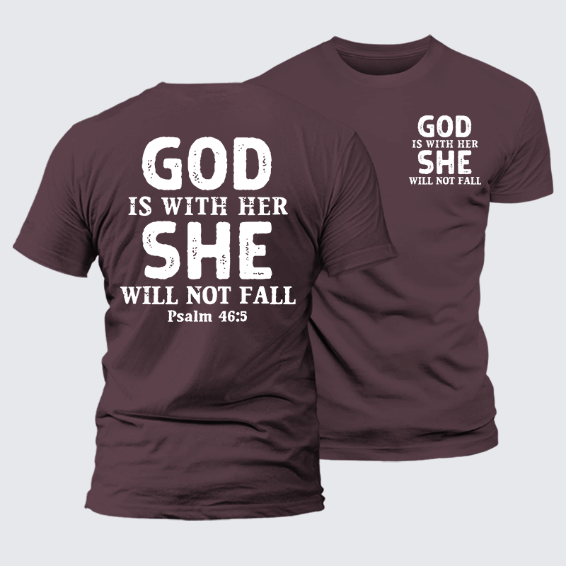God Is With Her, She Will Not Fall Jesus God Christian Premium Mercerized Cotton Tee