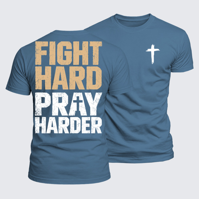 Luxe Mercerized Cotton Tee - Fight Hard Pray Harder - Ocean Blue (front and back)