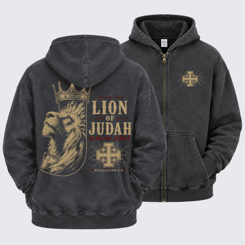 Washed Zip-Up Hoodie - Lion of Judah - Black (front and back)