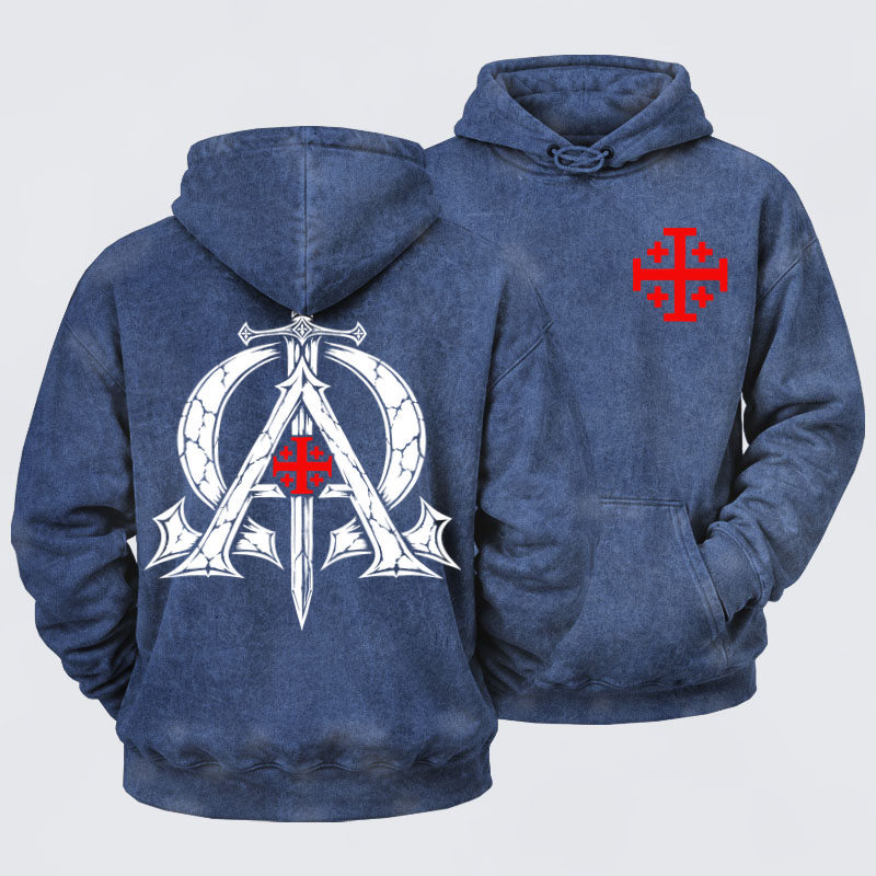 Washed Hoodie - Alpha & Omega – Revelation 22:13 Christian Warrior - Navy Blue (front and back)