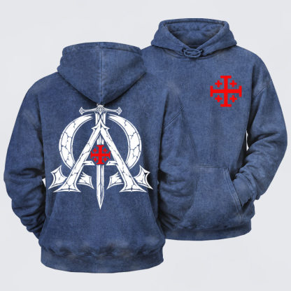 Washed Hoodie - Alpha & Omega – Revelation 22:13 Christian Warrior - Navy Blue (front and back)