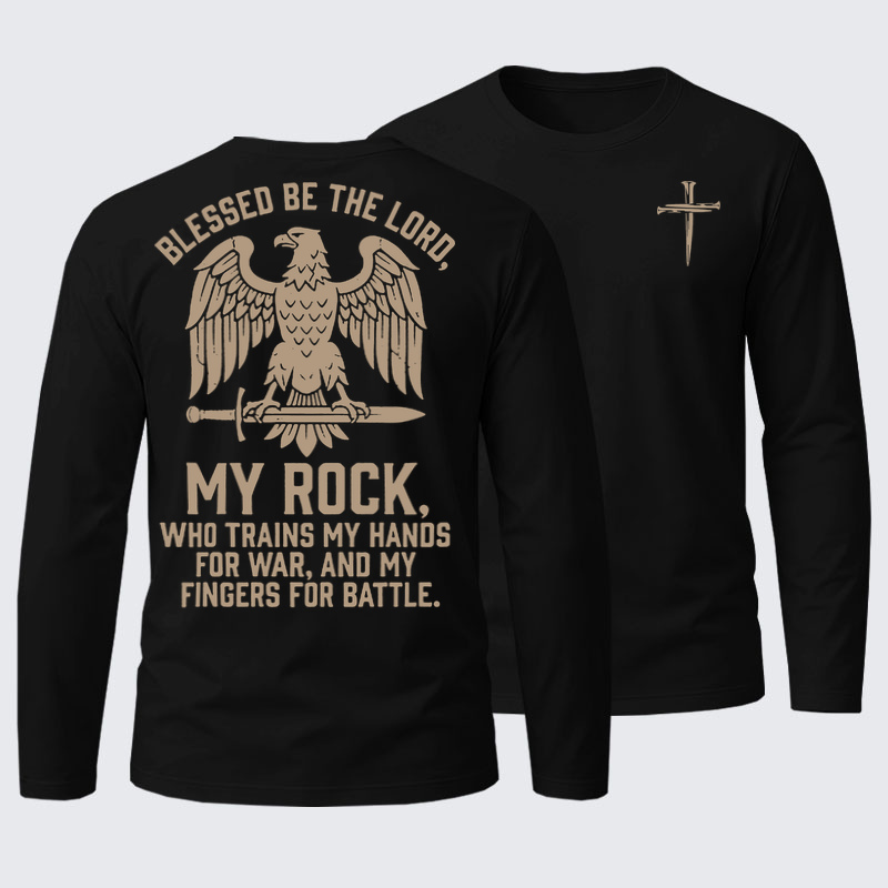 Long Sleeve Cotton Tee - Blessed Be The Lord - Black (front and back)