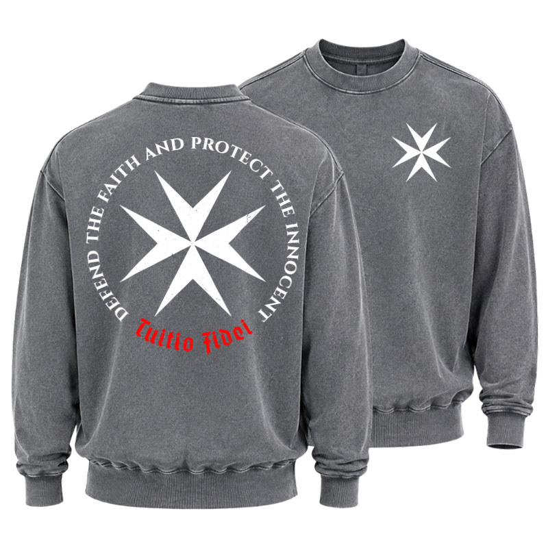 Washed Sweatshirt - Defend the Faith, Protect the Innocent Christian Knighti – Tuitio Fide - Grey (front and back)