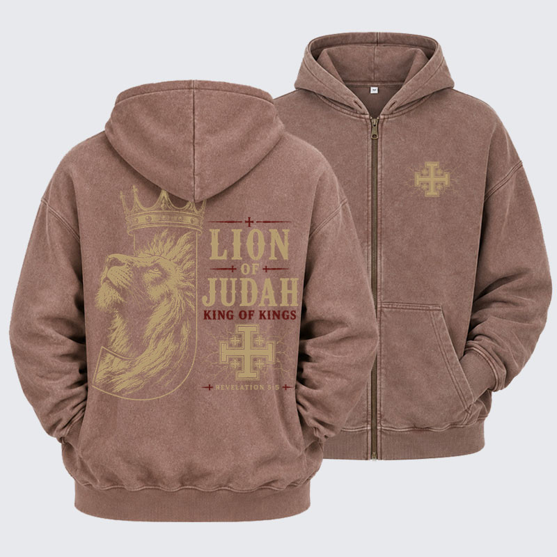 Washed Zip-Up Hoodie - Lion of Judah - Coffee (front and back)