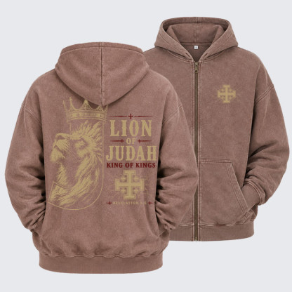 Washed Zip-Up Hoodie - Lion of Judah - Coffee (front and back)