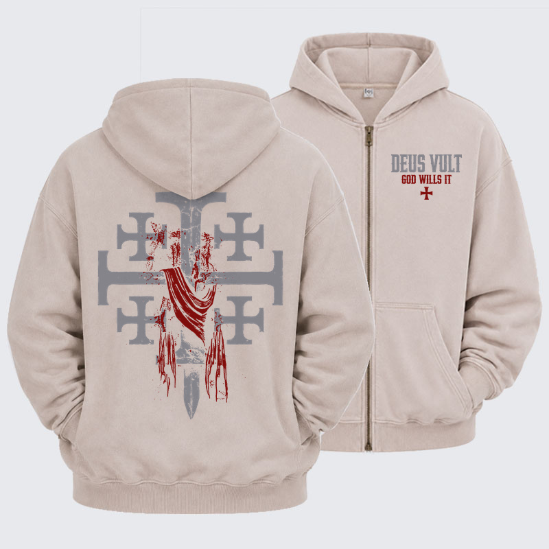 Washed Zip-Up Hoodie - Deus Vult: God Wills It