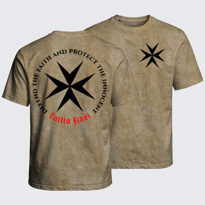 Washed T-Shirt - Defend the Faith, Protect the Innocent Christian Knighti – Tuitio Fide - Khaki (front and back)
