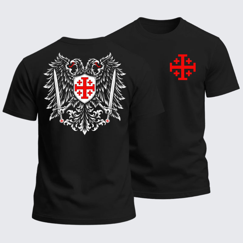 Heavyweight Cotton Tee - Jerusalem Cross – Christian Double-Headed Eagle Warrior - Black (front and back)