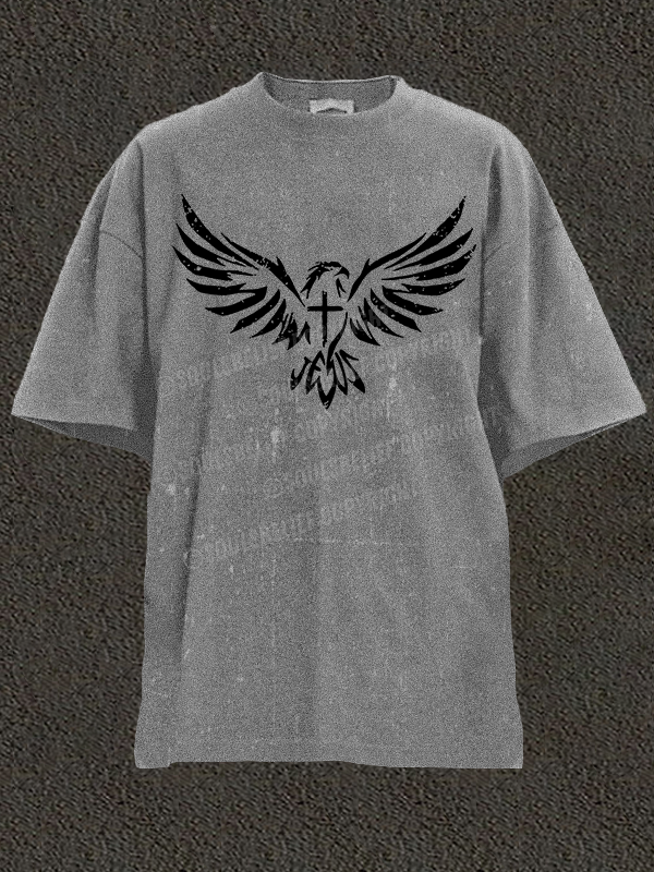 Wings Like Eagles Cross Christian Washed T-Shirt