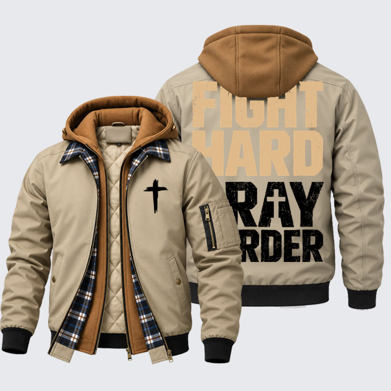 Hooded Bomber Jacket - Fight Hard Pray Harder - Khaki (front and back)