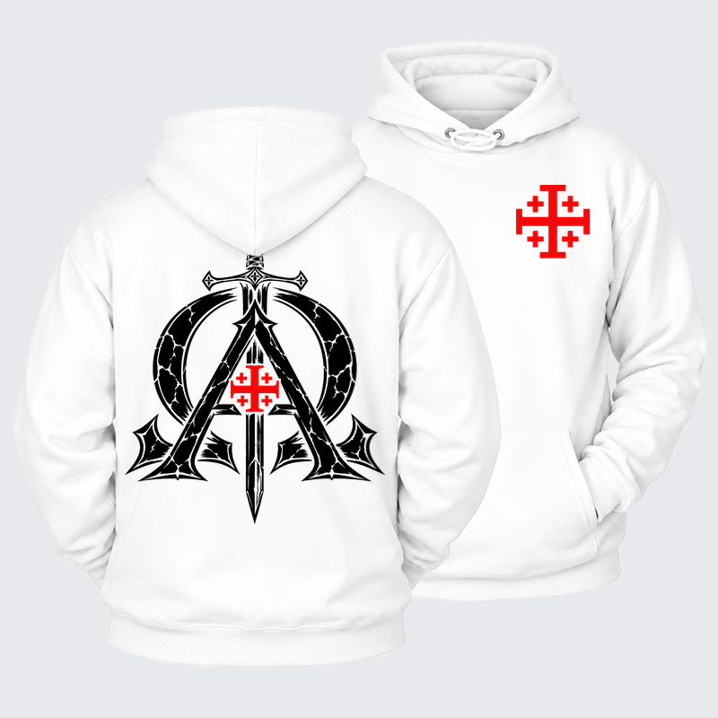 Plush Fleece-Lined Hoodie - Alpha & Omega – Revelation 22:13 Christian Warrior - White (front and back)
