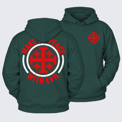 Plush Fleece-Lined Hoodie - Make No Peace with Evil Knight Templar Jerusalem Cross - Eden Green (front and back)