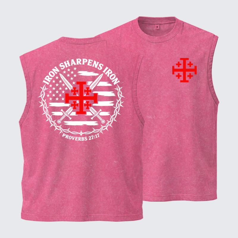 Washed Tank Top - Iron Sharpens Iron – Jerusalem Cross & American Flag - Pink (front and back)