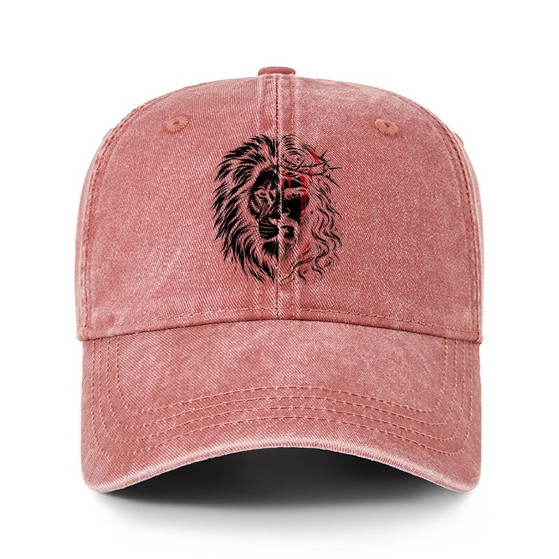 Heritage Washed Cap - Lion of Judah & Jesus – Crown of Thorns - Brick Red (front)