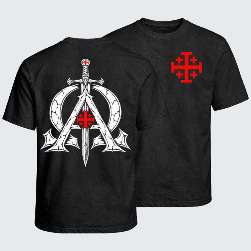 Washed T-Shirt - Alpha & Omega – Revelation 22:13 Christian Warrior - Black (front and back)