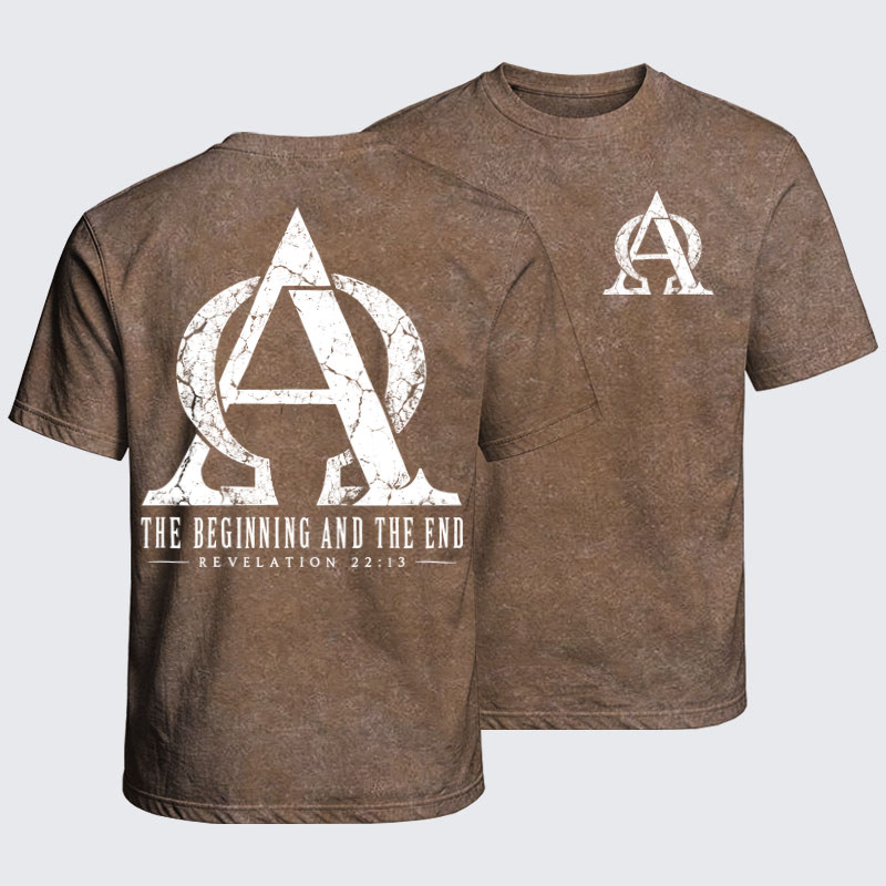 Washed T-Shirt - Alpha & Omega – The Beginning and the End - Coffee (front and back)