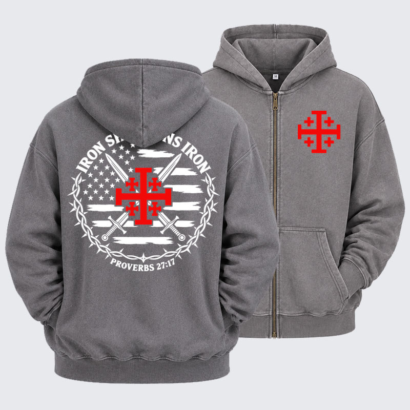 Washed Zip-Up Hoodie - Iron Sharpens Iron – Jerusalem Cross & American Flag - Grey (front and back)