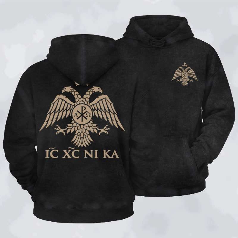 Washed Hoodie - IC XC NIKA – Chi-Rho Double-Headed Eagle - Black
