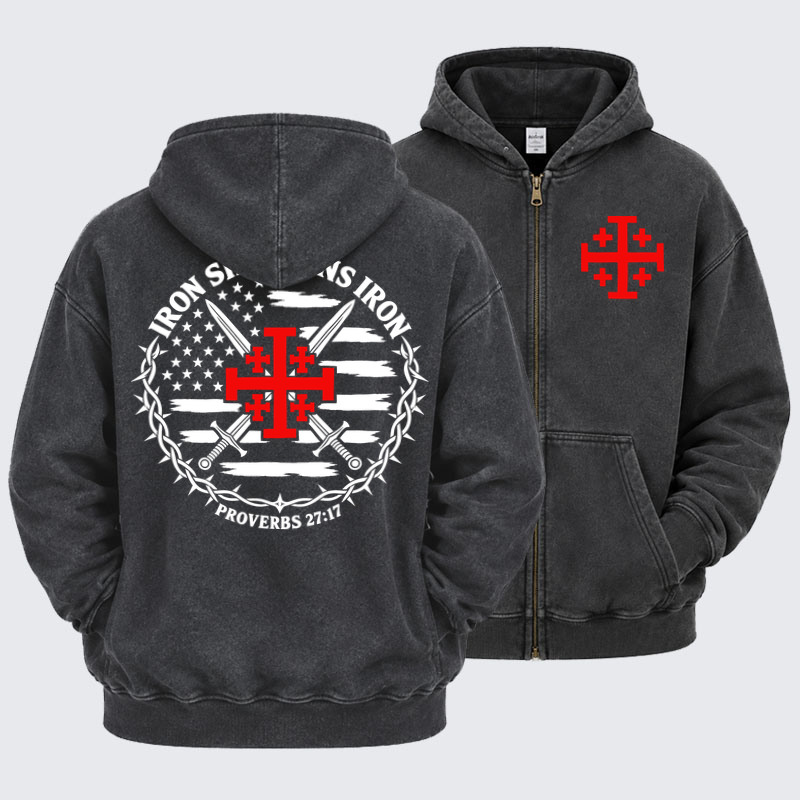 Washed Zip-Up Hoodie - Iron Sharpens Iron – Jerusalem Cross & American Flag - Black (front and back)