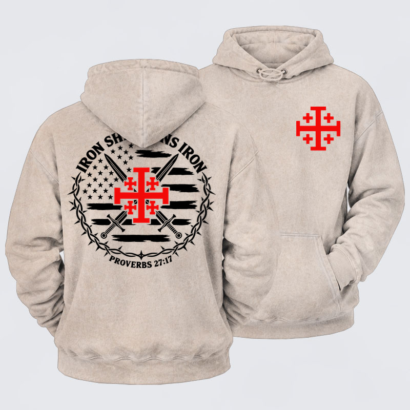 Washed Hoodie - Iron Sharpens Iron – Jerusalem Cross & American Flag - Beige (front and back)
