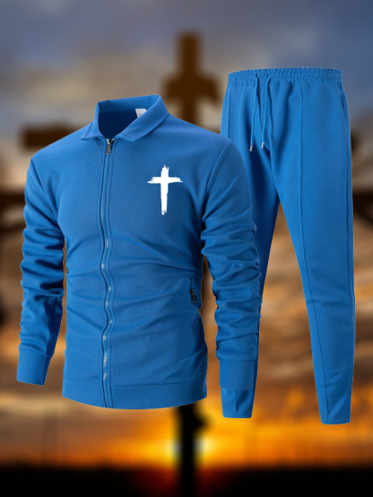 Cross Print Lapel Jacket Set with Thickened Waffle Fabric and Zip Pockets