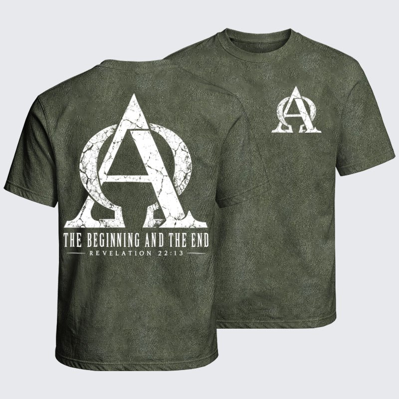 Washed T-Shirt - Alpha & Omega – The Beginning and the End - Army Green (front and back)