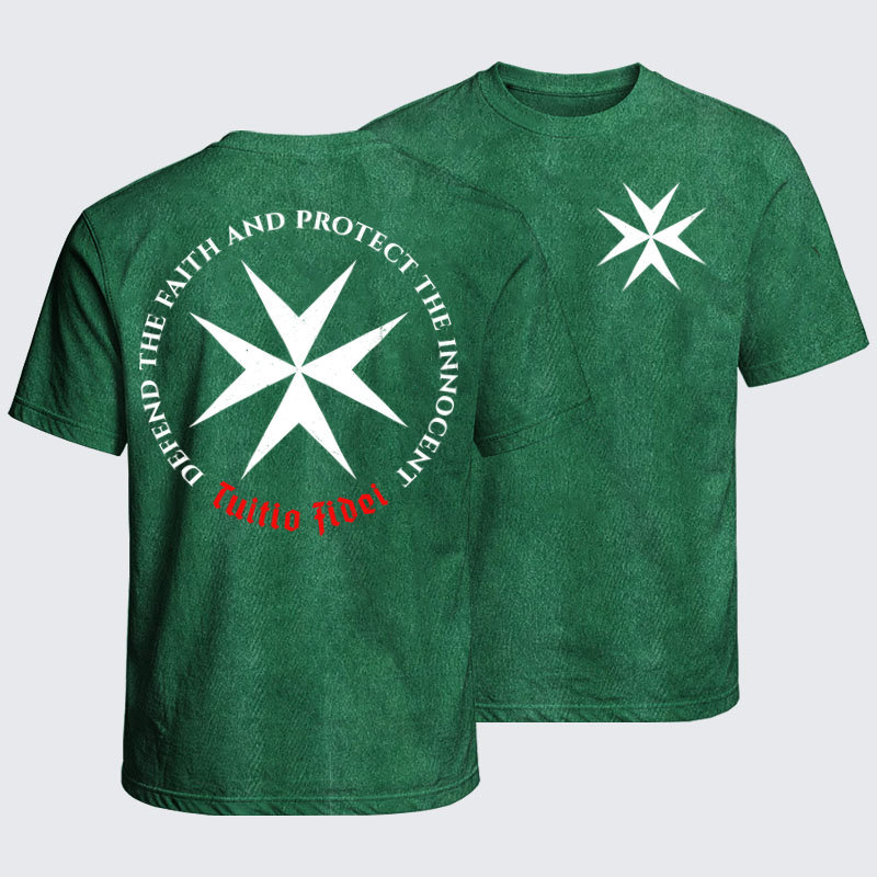 Washed T-Shirt - Defend the Faith, Protect the Innocent Christian Knighti – Tuitio Fide - Grass Green (front and back)