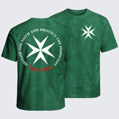 Washed T-Shirt - Defend the Faith, Protect the Innocent Christian Knighti – Tuitio Fide - Grass Green (front and back)