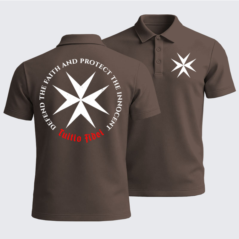 Men’s Premium Cotton Polo Shirt - Defend the Faith, Protect the Innocent Christian Knighti – Tuitio Fide - Coffee (front and back)