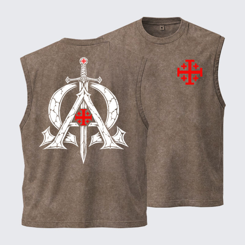 Washed Tank Top - Alpha & Omega – Revelation 22:13 Christian Warrior - Coffee (front and back)