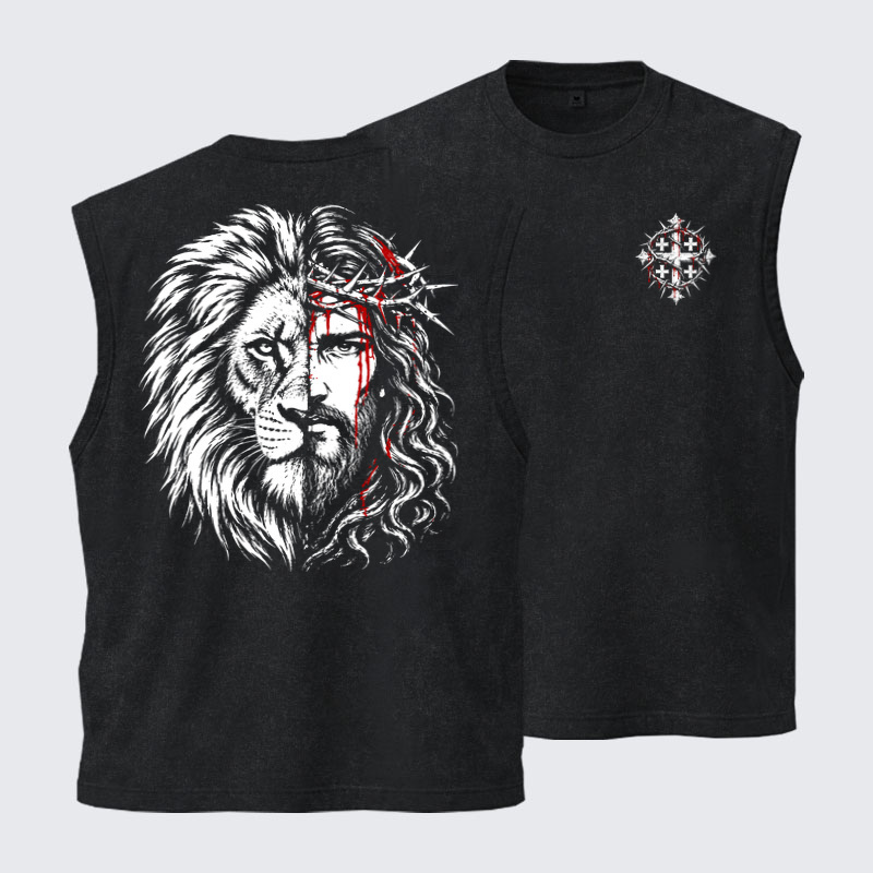 Washed Tank Top - Lion of Judah & Jesus – Crown of Thorns - Black