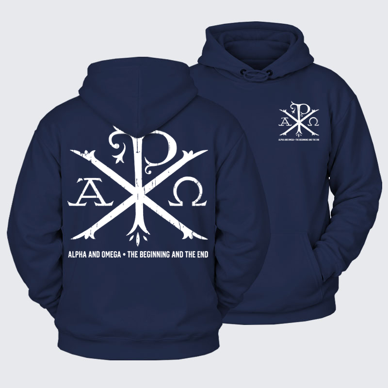 Plush Fleece-Lined Hoodie - Alpha And Omega - Navy Blue (front and back)