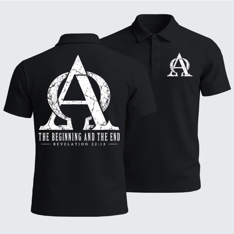 Men’s Premium Cotton Polo Shirt - Alpha & Omega – The Beginning and the End - Black (front and back)