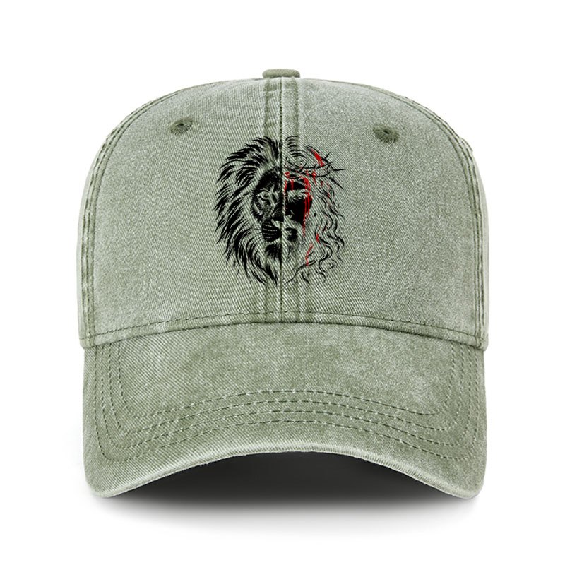Heritage Washed Cap - Lion of Judah & Jesus – Crown of Thorns - Sage Green (front)