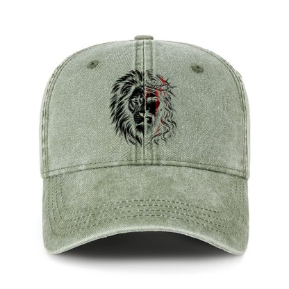 Heritage Washed Cap - Lion of Judah & Jesus – Crown of Thorns - Sage Green (front)