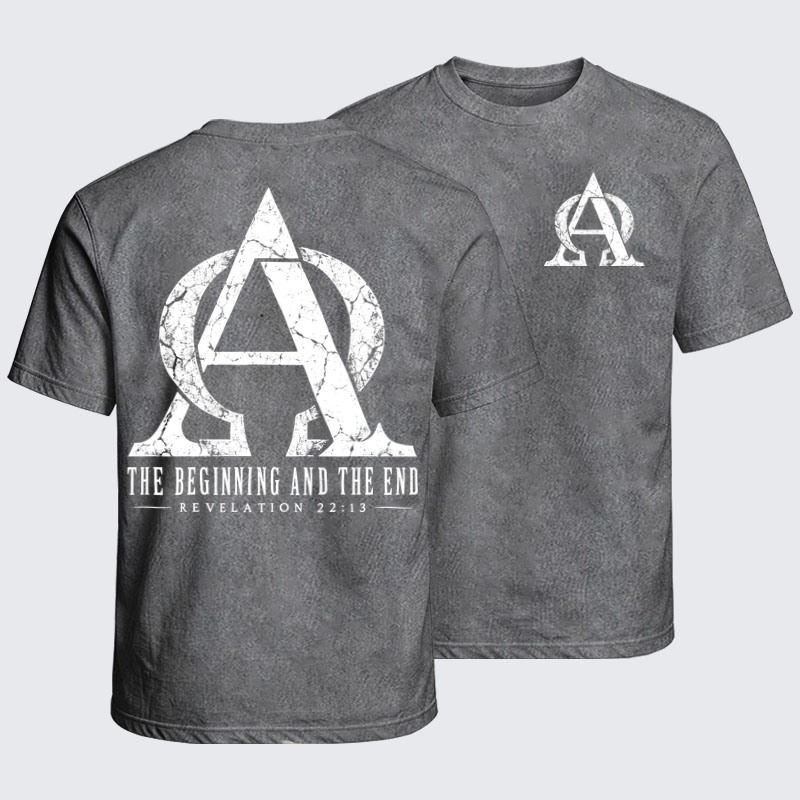 Washed T-Shirt - Alpha & Omega – The Beginning and the End - Light Gray (front and back)