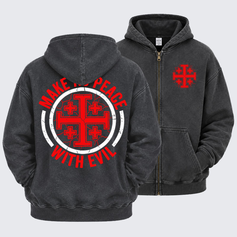 Washed Zip-Up Hoodie - Make No Peace with Evil Knight Templar Jerusalem Cross - Black (front and back)