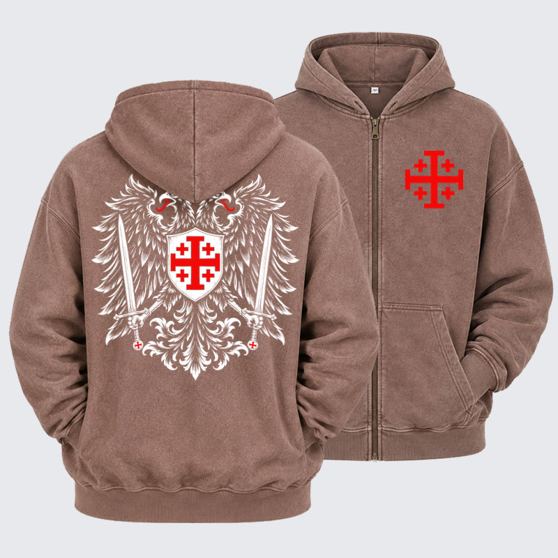 Washed Zip-Up Hoodie - Jerusalem Cross – Christian Double-Headed Eagle Warrior - Coffee (front and back)