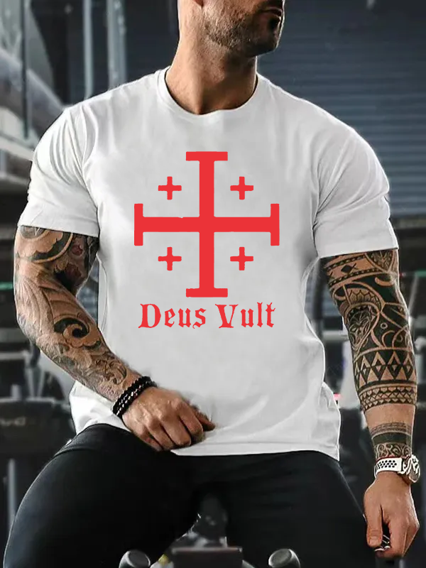 Jerusalem Cross Deus Vult Jesus God Christian Cotton T-Shirt
