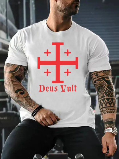 Jerusalem Cross Deus Vult Jesus God Christian Cotton T-Shirt