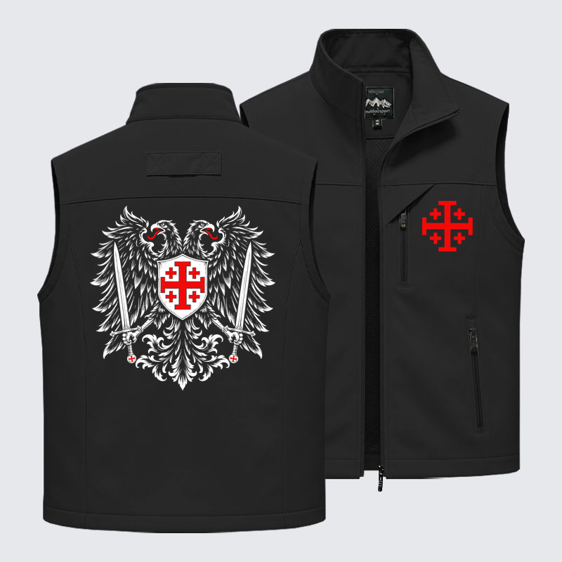 Outdoor Utility Vest - Jerusalem Cross – Christian Double-Headed Eagle Warrior - Black (front and back)