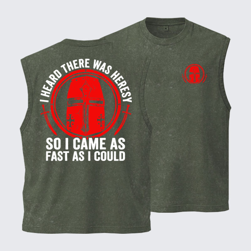 Washed Tank Top - I Heard There Was Heresy. So I Came As Fast As I Could Crusader Joke - Army green (front and back)