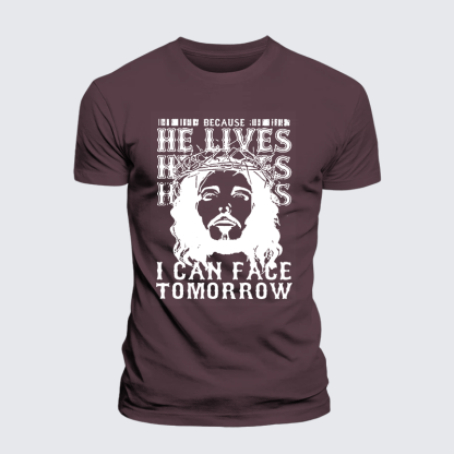Because He Lives Jesus God Christian Premium Mercerized Cotton Tee